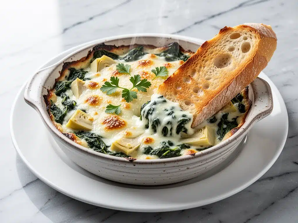 hot cheesy spinach artichoke dip - featured image