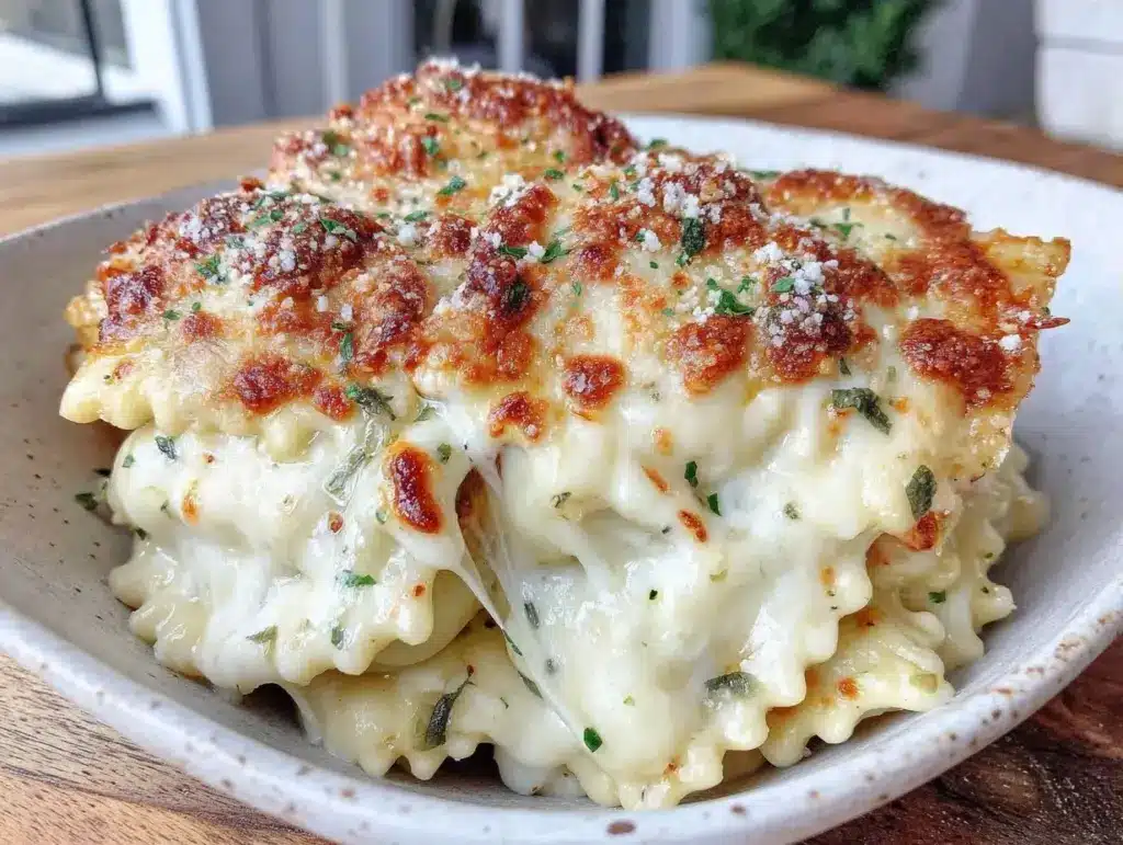 creamy million dollar ravioli casserole - featured image